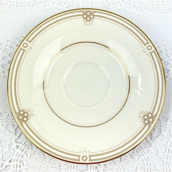 Noritake Satin Gown 6 Flat Cup & Saucer Cream Gold Trim Embossed White Dots - Picture 9 of 12